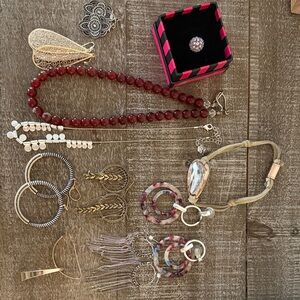 Assorted Jewelry Collection with Red Beaded Necklace
